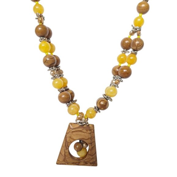 Unbranded Jewelry - Vintage Boho Handcrafted Stone & Yellow Beaded Necklace With Geometric Pendant